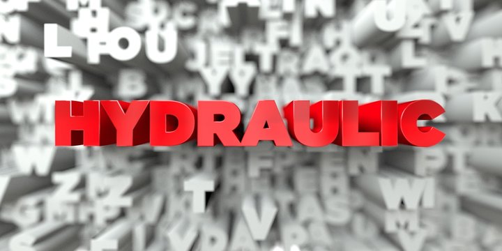 HYDRAULIC -  Red text on typography background - 3D rendered royalty free stock image. This image can be used for an online website banner ad or a print postcard.