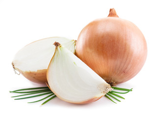 Bulb onions and green onions isolated on a white background.