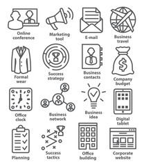 Business management icons in line style. Pack 12.