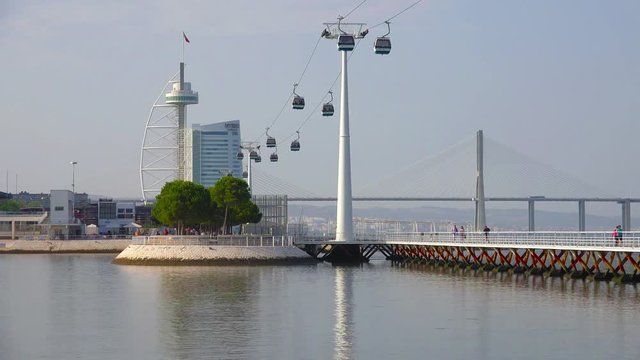 LISBON, PORTUGAL - JULY 4, 2016: Vasco da Gama Tower (Torre Vasco da Gama)  and funicular on embarkment of Portugal capital Lisbon