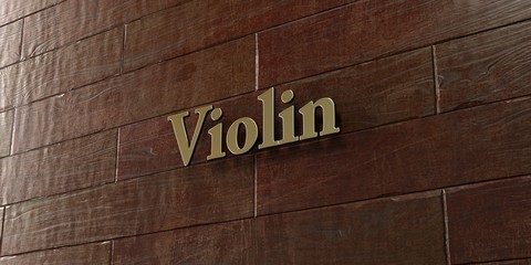 Violin - Bronze plaque mounted on maple wood wall  - 3D rendered royalty free stock picture. This image can be used for an online website banner ad or a print postcard.