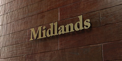 Midlands - Bronze plaque mounted on maple wood wall  - 3D rendered royalty free stock picture. This image can be used for an online website banner ad or a print postcard.