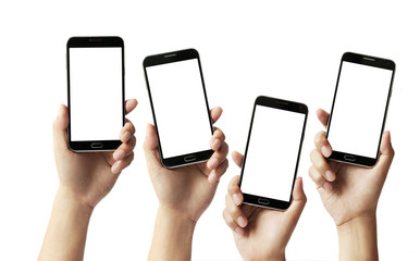 hand holding black phone isolated on white clipping path inside
