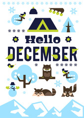 Hello December. Designed for printing, postcards, calendars, notebooks, diary. Set winter season objects. Owl, raccoon, dog, snowman, pine, bullfinch, berries, house. Vector illustration