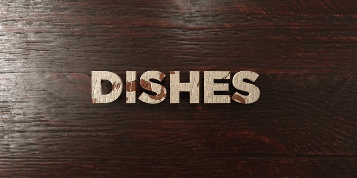 Dishes - grungy wooden headline on Maple  - 3D rendered royalty free stock image. This image can be used for an online website banner ad or a print postcard.