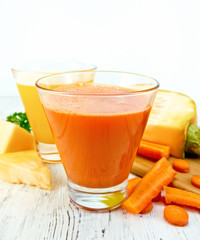 Juice carrot and pumpkin with vegetables on light board