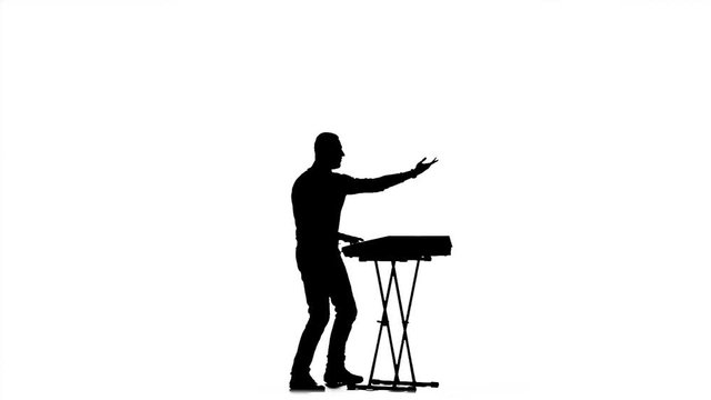 Piano playing. Man in half-turn. Silhouette. Slow motion