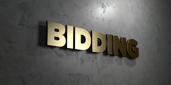 Bidding - Gold sign mounted on glossy marble wall  - 3D rendered royalty free stock illustration. This image can be used for an online website banner ad or a print postcard.