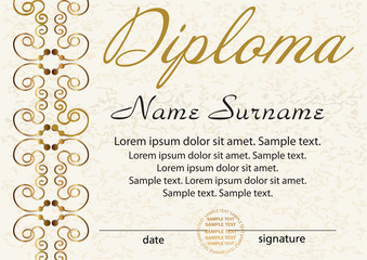 Diploma or certificate template. Award winner. Reward. Winning the competition. Elegant gold frame with an ornament. Vector illustration.