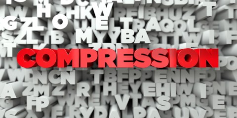 COMPRESSION -  Red text on typography background - 3D rendered royalty free stock image. This image can be used for an online website banner ad or a print postcard.