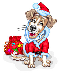 Dog with Christmas gifts. Santa Claus