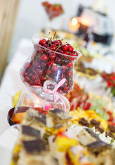 rich many fresh fruits on luxury wedding table at the reception.
