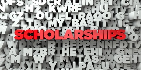SCHOLARSHIPS -  Red text on typography background - 3D rendered royalty free stock image. This image can be used for an online website banner ad or a print postcard.