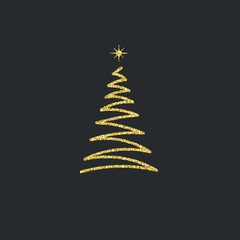 Silhouette of a gold Christmas tree with glitter effect on a black background. Vector illustration.