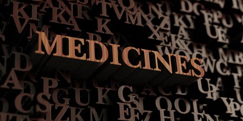 Medicines - Wooden 3D rendered letters/message.  Can be used for an online banner ad or a print postcard.