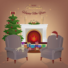 Merry Christmas room interior with a fireplace, Christmas tree, armchairs, colorful boxes with gifts. Candles, decorations, cat, Santa Claus hat. Xmas night celebration interior vector illustration.