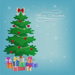 Merry Christmas gift card with space for text. Christmas tree with gift boxes, balls, garlands, bows, decorations. Background with snowflakes. Wishes for the Holidays. Vector illustration