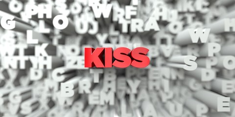 KISS -  Red text on typography background - 3D rendered royalty free stock image. This image can be used for an online website banner ad or a print postcard.