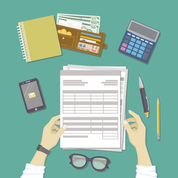 Man working with documents. Human hands hold the accounts, payroll, tax form. Workplace with papers, blanks, forms, phone with message, smart watches, wallet with money, credit cards. Top view Vector