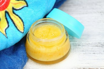 Homemade face & body  scrub from sugar, coconut & tangerine oil