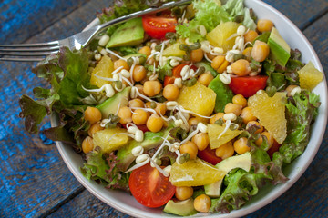 Healthy green salad with orange, avocado, tomatoes, sprouts of mung bean, citrus juice. Perfect for the detox diet or just a healthy meal.  Love for a healthy raw food concept.