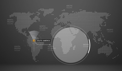 world map with dots continents names markers and state table south america