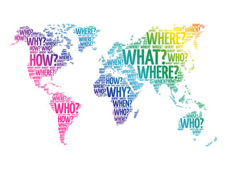 Question Words World Map in Typography, words cloud business concept background