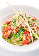 appetizing restaurant light salad with mushrooms food on white background