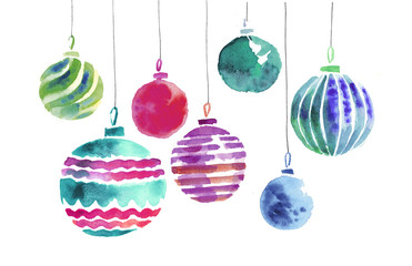 christmas bulbs hand made watercolor illustration. xmas ball dec