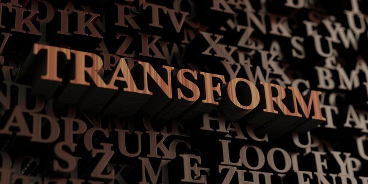 Transform - Wooden 3D rendered letters/message.  Can be used for an online banner ad or a print postcard.