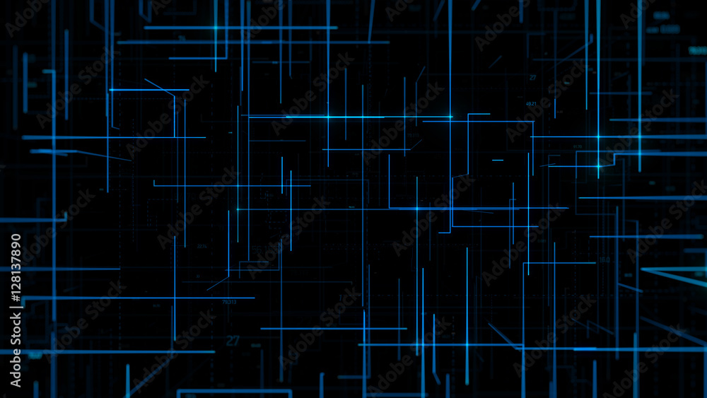 Poster 3d rendering abstract background. digital illustrations with lines, glow and random numbers. technol