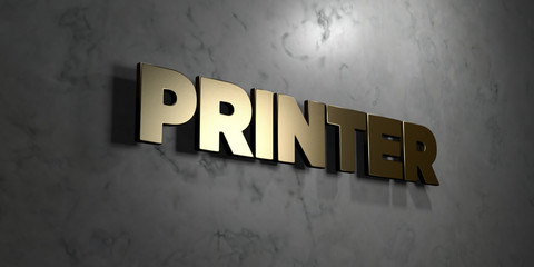 Printer - Gold sign mounted on glossy marble wall  - 3D rendered royalty free stock illustration. This image can be used for an online website banner ad or a print postcard.