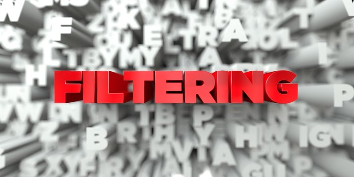 FILTERING -  Red text on typography background - 3D rendered royalty free stock image. This image can be used for an online website banner ad or a print postcard.