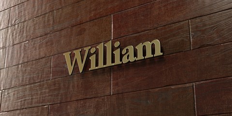 William - Bronze plaque mounted on maple wood wall  - 3D rendered royalty free stock picture. This image can be used for an online website banner ad or a print postcard.
