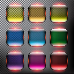 Abstract vector web buttons set of 9. Isolated with realistic, transparent glass shine and shadow on the dark background. Vector illustration. Eps10.