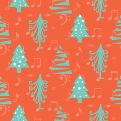 Christmas trees simple seamless red vector pattern. Creative green fir-tree scrapbook paper design. Red background with music notes.