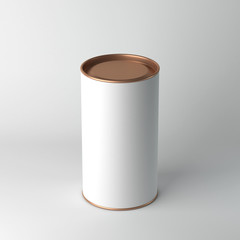 White cardboard Tin Can packaging Mockup with metal copper cap, lid. Tea, coffee, dry products, gift box. 3d rendering
