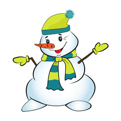 Christmas snowman in a cap and scarf. Vector illustration.