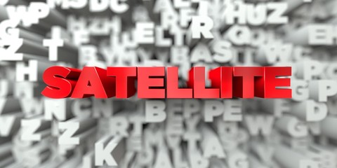 SATELLITE -  Red text on typography background - 3D rendered royalty free stock image. This image can be used for an online website banner ad or a print postcard.
