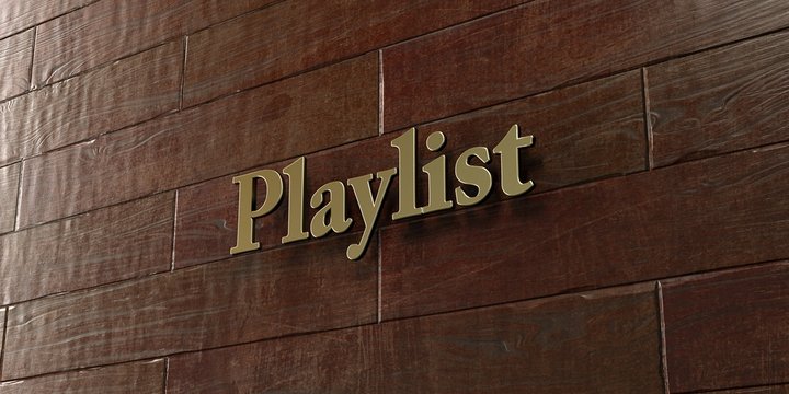 Playlist - Bronze plaque mounted on maple wood wall  - 3D rendered royalty free stock picture. This image can be used for an online website banner ad or a print postcard.
