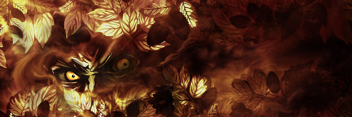 Evil look banner. Illustration evil eyes looking from the autumn leaves