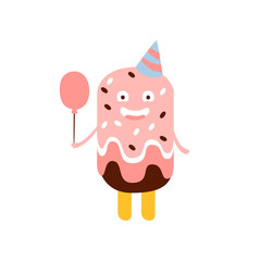 Ice-Cream On A Stick Children Birthday Party Attribute Cartoon Happy Humanized Character In Girly Colors