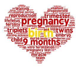 Birth. Word cloud, red heart, white background. The miracle of birth.