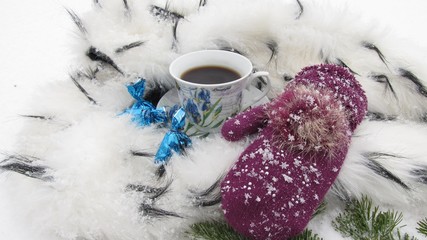 Obraz na płótnie Canvas Winter background coffee mug snow, candy, ermine and mitten