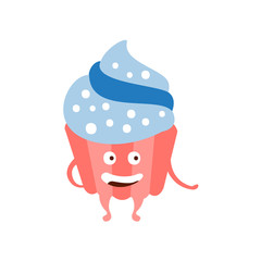 Cupcake With Blue Icing Children Birthday Party Attribute Cartoon Happy Humanized Character In Girly Colors