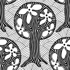 Obraz premium Seamless pattern, vector hand drawn repeating illustration, decorative ornamental stylized endless trees. Black and white abstract seamles graphic illustration. Artistic line drawing silhouette.