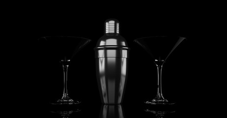 3d rendering metal shaker and cocktail glass on black background
