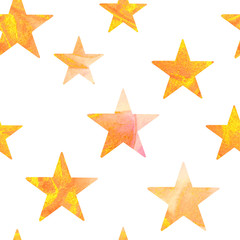 Seamless pattern with gold and pink watercolor stars on white background.