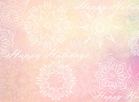 Pink watercolor background with white mandalas. Beautiful festive ornaments and words Happy Holidays.