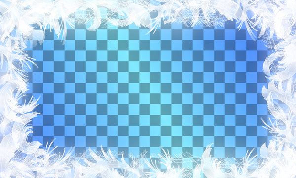 Vector frost glass pattern. Winter frame on transparent background.